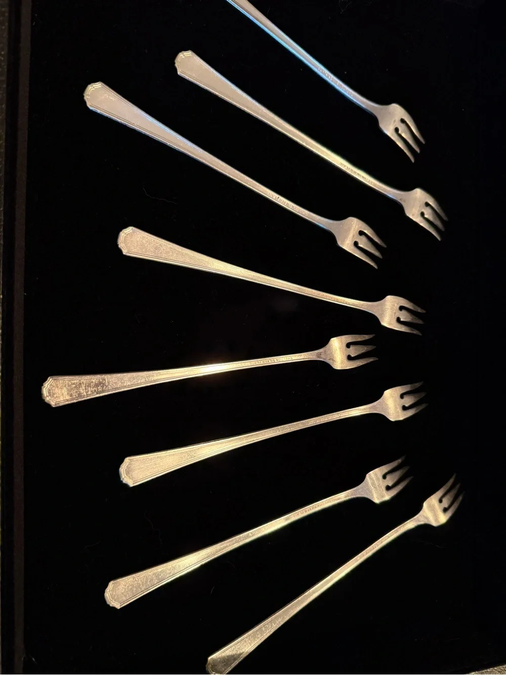 Rare 1935 Set of 8 Silver Plate Oyster/Cocktail Forks, Sheldon Pattern